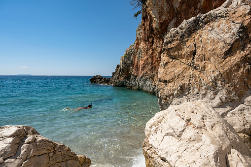 Vacations on the Albanian Riviera. Top beach destinations in Europe. Snorkelling in a pristine ocean Dhermi and Himare area.