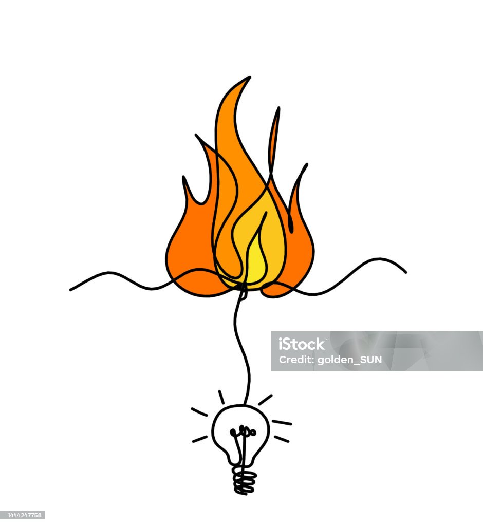 Abstract Fire With Light Bulb As Line Drawing On White Background