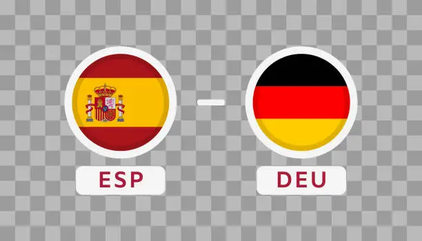 Vector illustration of Spain vs Germany Match Design Element. Flags Icons isolated on transparent background. Football Championship Competition Infographics. Announcement, Game Score, Scoreboard Template. Vector