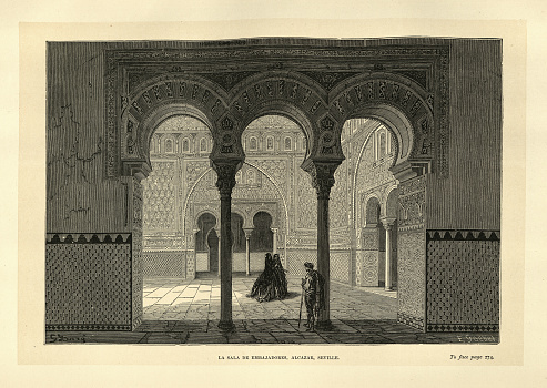 Vintage illustration by Gustave Dore, La sala de embajadores, Alcazar, Seville, Spain, 19th Century, Spanish history architecture historic landmarks