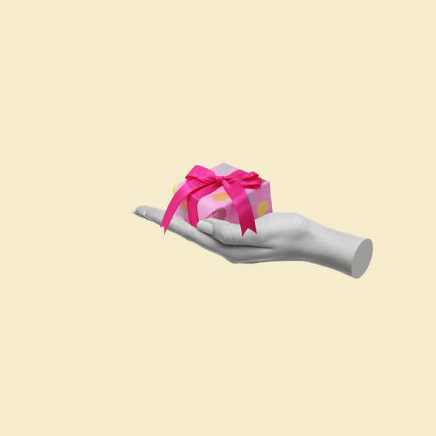 istock Modern art collage of hand with gift box. 1444248358