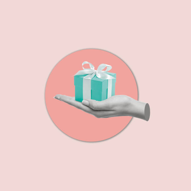 istock Modern art collage of hand with gift box. 1444248364