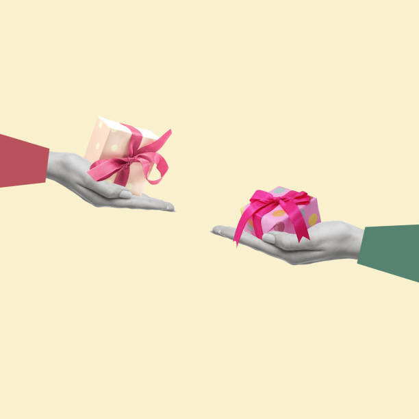 istock Contemporary art collage of hands with gift boxes. 1444248365