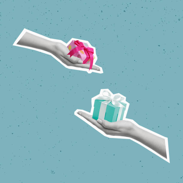 istock Contemporary art collage of hands with gift boxes. 1444248366