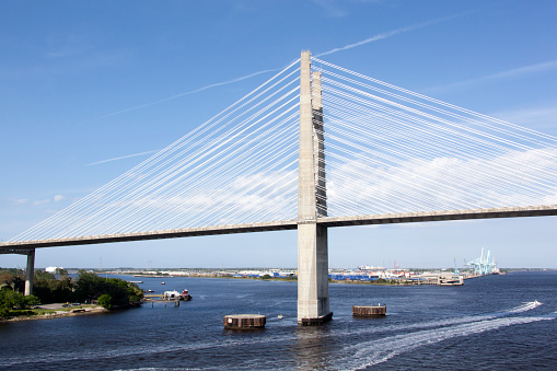 The tall suspension bridge over St. Johns River in Jacksonville city (Florida).