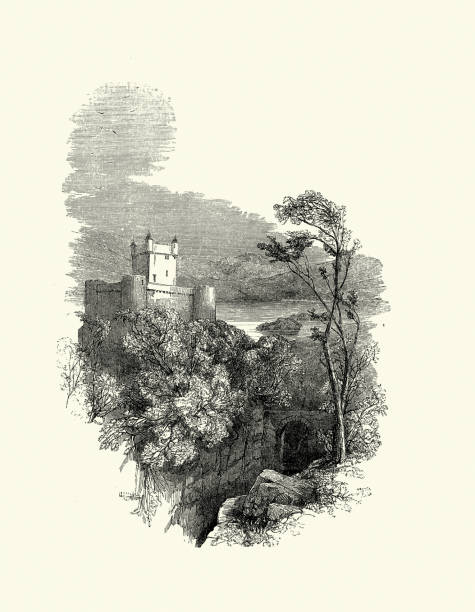 istock Medieval castle in a forest, by a lake side, Fantasy, Vintage illustration 1444252799