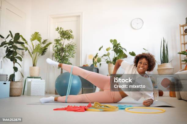 Home Workout Concept Stock Photo - Download Image Now - Resistance Band, Black People, Home Workout