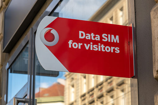 Prague, Czech Republic - 4 September 2022: Vodafone sign for data Sim card outside a retail store