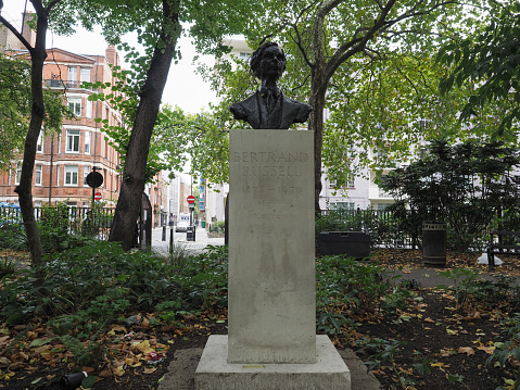London, UK - Circa October 2022: Statue of British philosopher Bertrand Russell in Red Lion square by sculptor Marcelle Quinton circa 1980
