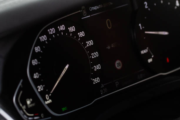 istock Modern car dashboard with speedometer, tachometer. Car dashboard. Car dashboard details. Modern car interior. The speedometer of a modern 1444256653
