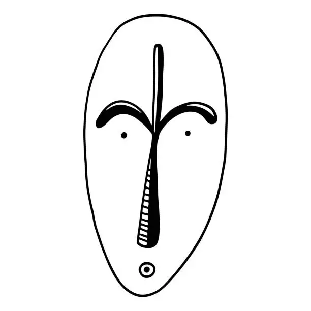 Vector illustration of African tribal ritual mask. Doodle black and white shamanic illustration. Line art sketch. Vector artwork