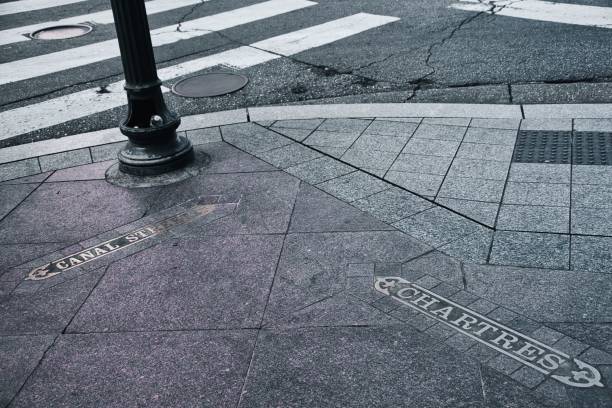 Street signs on the sidewalk on the corner between Canal and Chartres streets in the French Quarter of New Orleans, Louisiana.