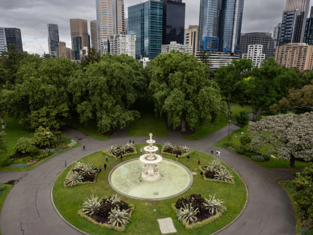 High angle view of the fountain and city skyline at The Royal Exhibition building in Melbourne