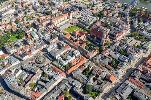 The downtown of Cracow/Krakow, Poland, aerial view. Krakow, UNESCO World Heritage Site, is the second largest and one of the oldest cities in Poland. Each year Krakow hosting over 9 million tourists from all over the world.