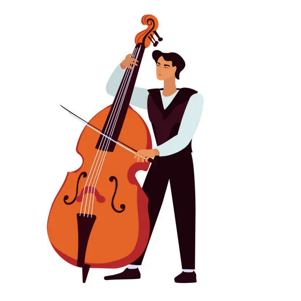 Vector illustration of A young man plays the double bass. Double bass player, musician on a white background.