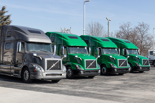 Indianapolis - Circa November 2022: Volvo Semi Tractor Trailer Big Rig Truck display at a dealership. Volvo Trucks is one of the largest truck manufacturers.