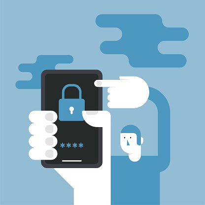 A man is showing a mobile phone screen with a lock. This flat vector illustration is suitable for posters, magazines, and websites.