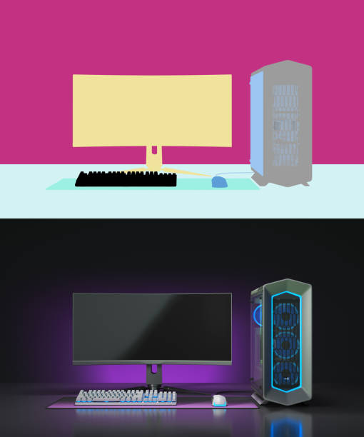 istock Computer Gaming PC on desk in dark room with neon light Futuristic modern workplace with color alpha 1444269779
