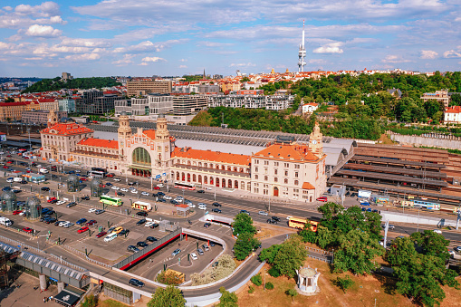 Aerial view of Prague cityscape with railroad station in Czech Republic