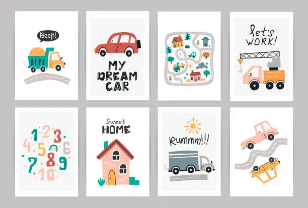 Vector illustration of Set of posters with cute nursery cars.