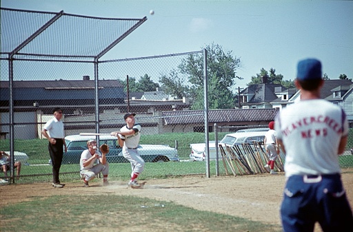 New York State (exact location unknown), USA, 1964. Amateur baseball players at a Sunday club game on the east coast of the USA.