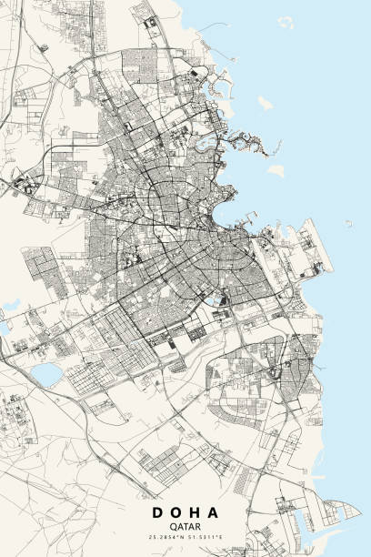 Doha, Qatar Vector Map Topographic / Road map of Doha, Qatar. Map data is open data via openstreetmap contributors. All maps are layered and easy to edit. Roads are editable stroke. qatar map stock illustrations