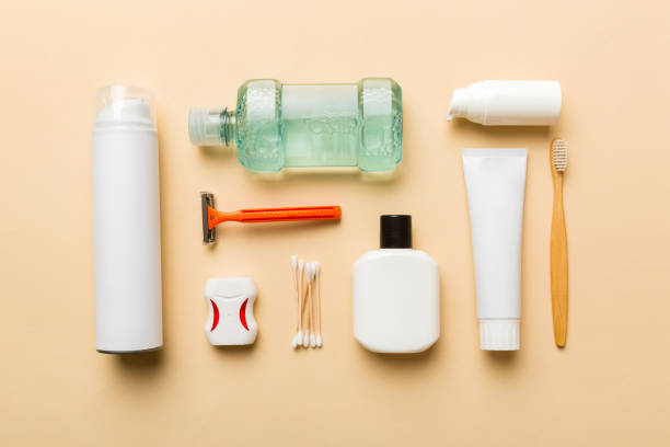 istock Mockup for bathing products top view flat lay, spa razor, toothpaste, soap, gel and other various accessories. Cosmetics for skin health. Bath Mockup for your logo 1444277796