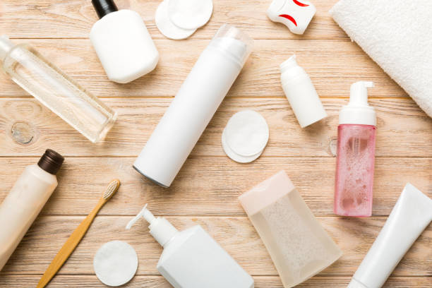 istock Mockup for bathing products top view flat lay, spa razor, toothpaste, soap, gel and other various accessories. Cosmetics for skin health. Bath Mockup for your logo 1444277797