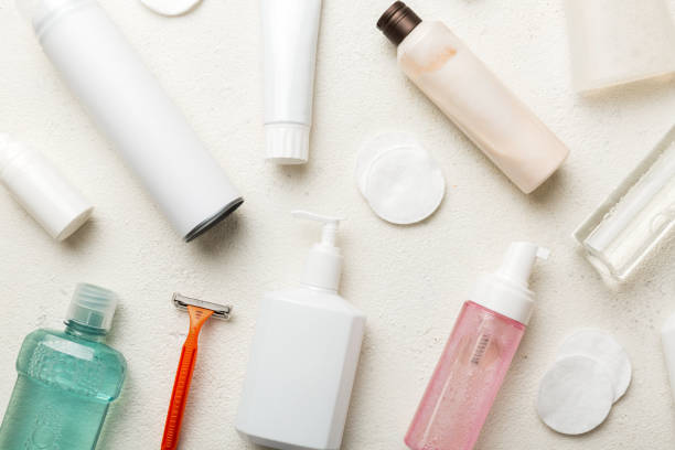 istock Mockup for bathing products top view flat lay, spa razor, toothpaste, soap, gel and other various accessories. Cosmetics for skin health. Bath Mockup for your logo 1444277811