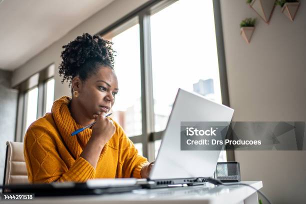 Black Woman Working From Home Office Stock Photo - Download Image Now - Using Computer, People, One Person