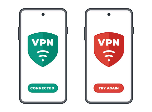 ilustrações, clipart, desenhos animados e ícones de dois smartphones com vpn com um botão de conexão. - mobile internet
