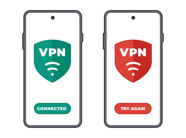 Two smartphones with VPN with a connection button. Two smartphones with VPN with a connection button. Phone icon with VPN on the screen hanging mobile stock illustrations