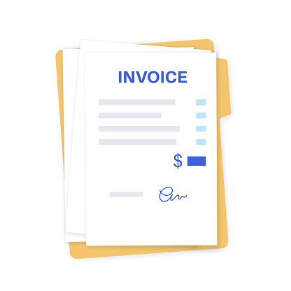 Invoice template. Document with text, stamp, seal and signature. Payment mockup with notary confirmation. Realistic file with shadow effect. Dilling statement, business concept vector illustration