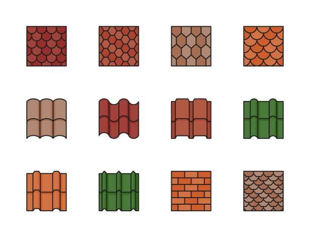 컬러 지붕 타일 아이콘, 집 옥상 패턴 - red tile stock illustrations