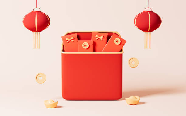 istock Red envelopes and lanterns in the yellow background, Spring Festival theme scene, 3d rendering. 1444304274