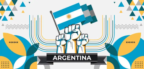 Vector illustration of Argentina national day banner with map, flag colors theme background and geometric abstract modern blue white yellow design. Argentinian people. Sports Games Supporters.