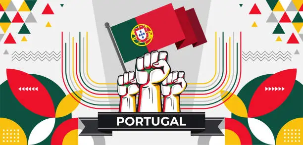 Vector illustration of Portugal national day banner with flag colors theme background and geometric abstract retro modern green red yellow design. Portuguese people. Sports Games Supporters.