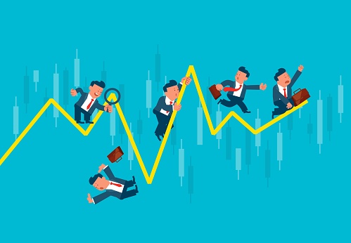 Business or price fluctuations, businessmen struggling with the ups and downs of the stock market or business path, fluctuations in stock prices or market conditions