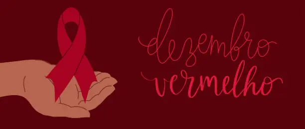 Vector illustration of Dezembro Vermelho translation from portuguese December Red, Brazil campaign for HIV AIDS awareness. Brown human hands holding awareness ribbon vector