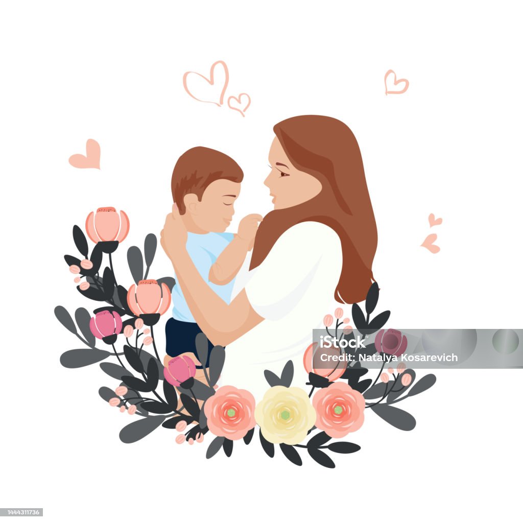 Vector Illustration Of A Mother Holding Her Son In Her Arms ...