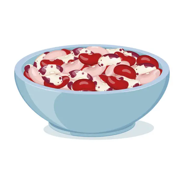 Vector illustration of Bean grains. Multi-colored legume in ceramic bowl. Protein vegan food