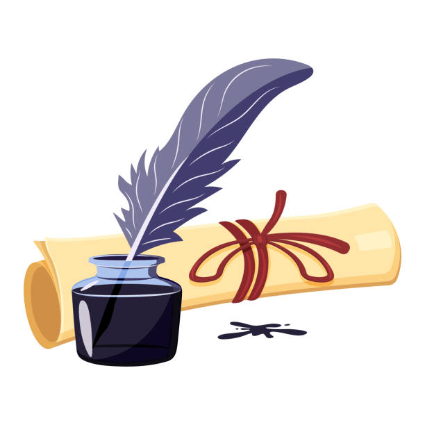 Ink With Feather And Roll Of Parchment Poetry Symbol Vector Illustration Of  An Inkwell With An Ancient Scroll Of Paper Stock Illustration - Download  Image Now - iStock