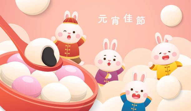 ilustraciones, imágenes clip art, dibujos animados e iconos de stock de lindo personaje de conejo o mascota, festival de los faroles o solsticio de invierno con bolas de arroz glutinoso, comida dulce de arroz glutinoso en asia, traducción china: festival de los faroles - solsticio-de-invierno