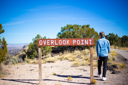 Los Alamos, NM: Tourist at Overlook Point, White Rock