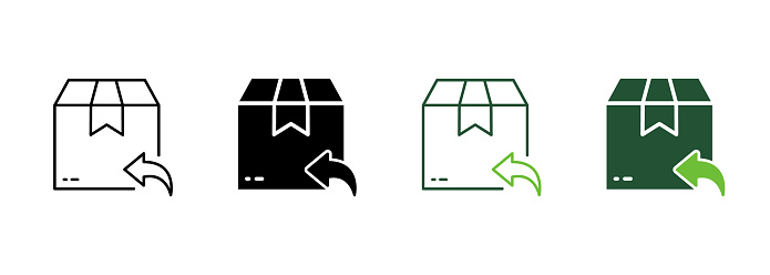 Return Parcel Box Silhouette and Line Icon. Exchange Package of Delivery Service Pictogram. Arrow Back Shipping Return Goods Icon. Refund Product in Box. Editable Stroke. Isolated Vector Illustration.