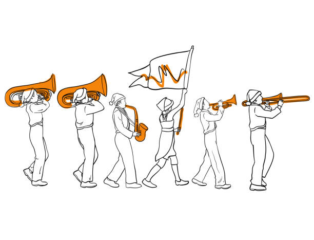 ilustraciones, imágenes clip art, dibujos animados e iconos de stock de boceto de la banda de marcha navideña en golden highlights - parade marching band trumpet musical instrument
