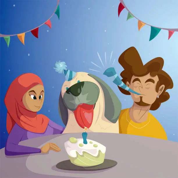 Vector illustration of illustration of a family consisting of a man and a woman is celebrating the birthday of their pet brown dogs with pudding and bunting