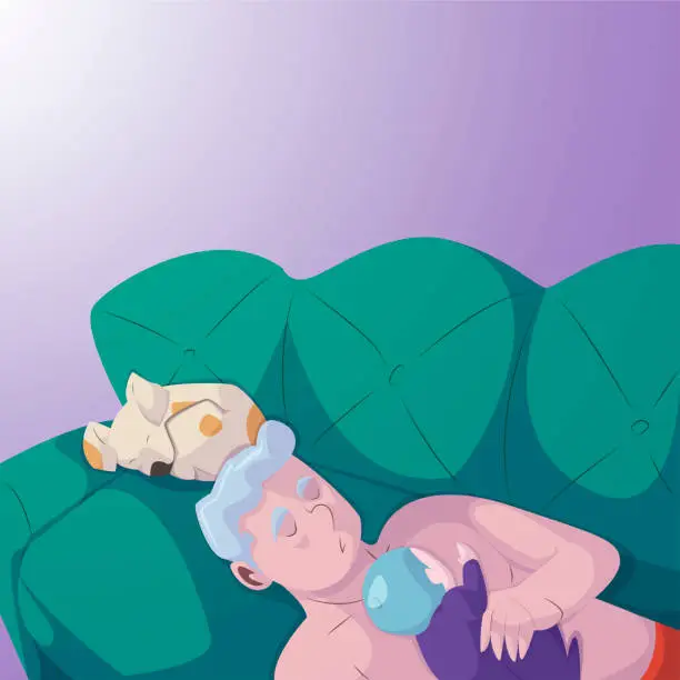 Vector illustration of grandfather is lying on the sofa at home with his grandson loaded both asleep accompanied by their pet