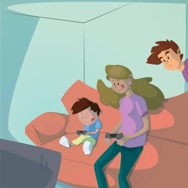 Vector illustration of illustration of family in the living room playing play