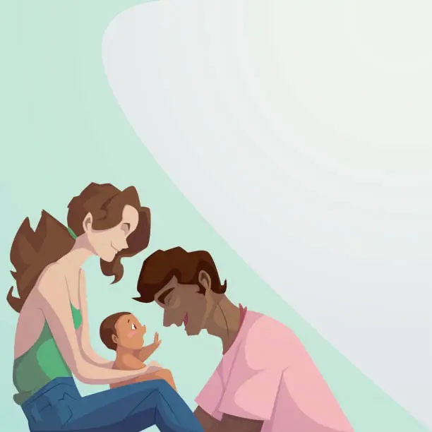 Vector illustration of casual family illustration of mom, dad and son playing while mom carries the baby and dad plays with him